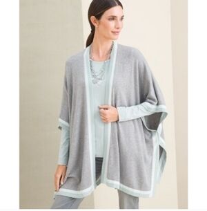 Chico's Tipped Ruana Cardigan Sweater Wrap Poncho Gray Cashmere Blend L/XL